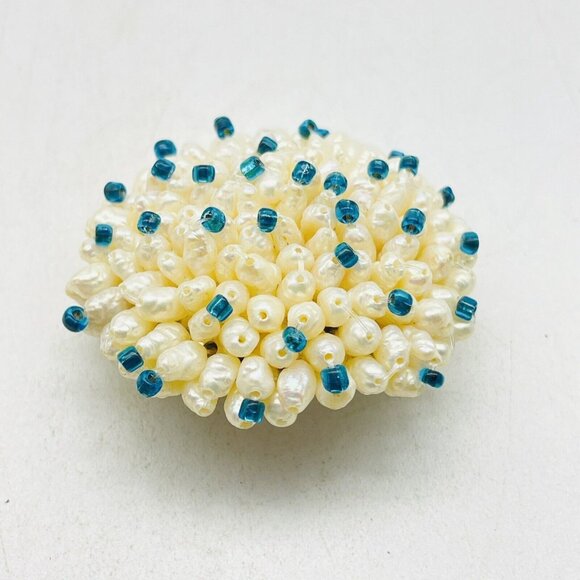 Freshwater Pearl Cluster Pin Teal Bead Accents Silver Tone Beach Coastal Islands - Picture 3 of 6